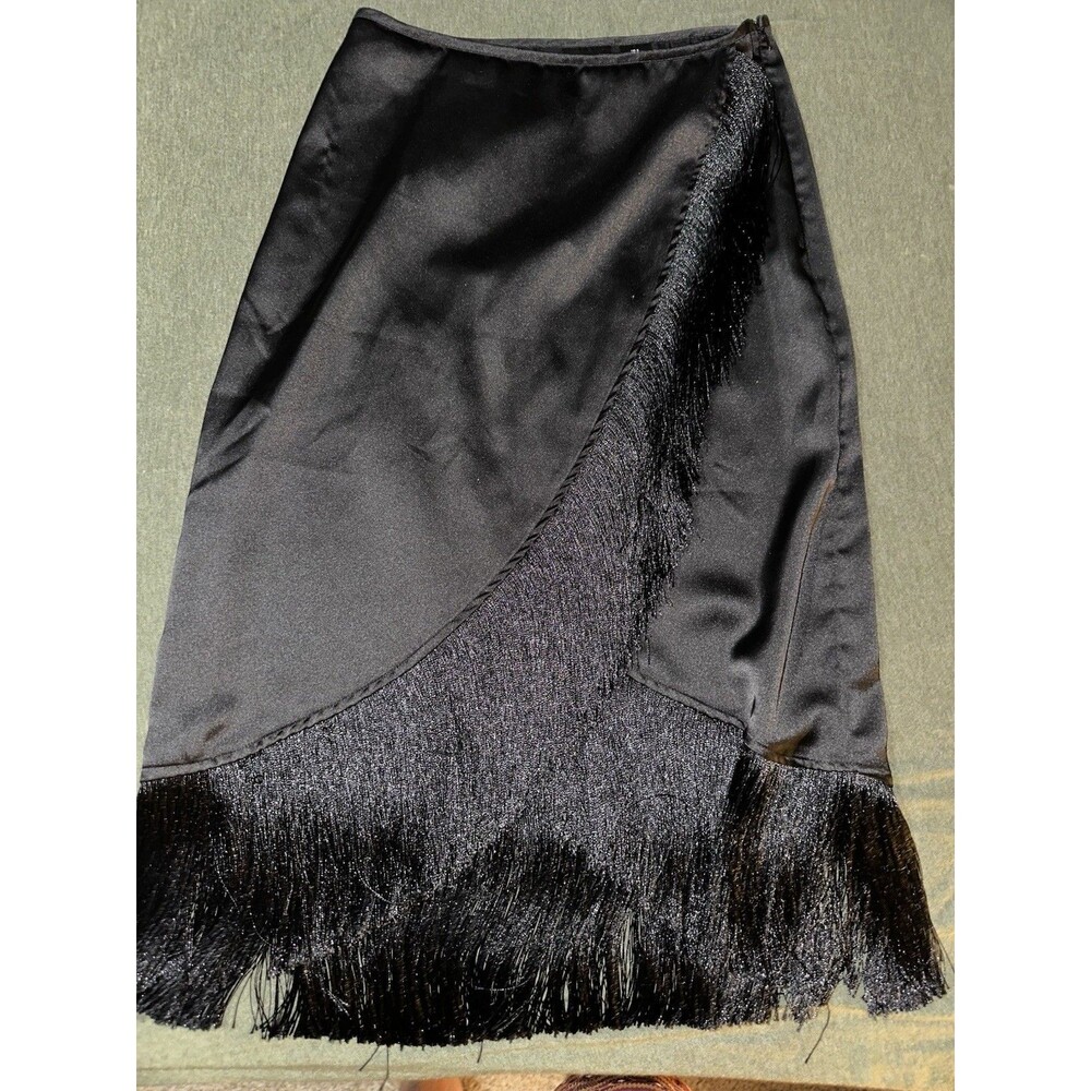 Bailey 44 Black Satin Faux Wrap Skirt Fringe Women’s Sz 5 Cowgirl Whimsi Gothic